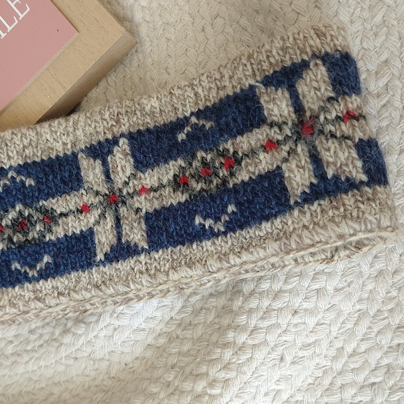 Vintage Reversible Wool Warm Headband / Ear Cover Blue Red Beige Cream Pattern - Picture 4 of 8